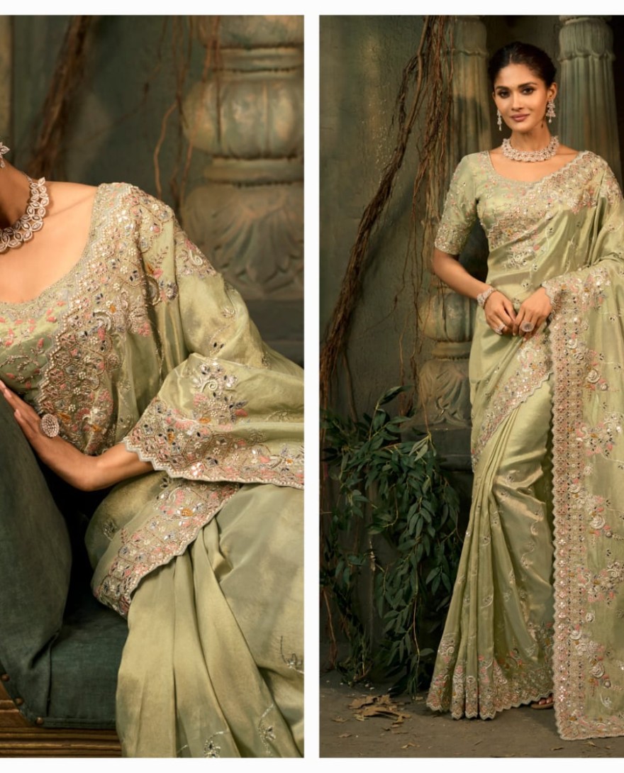 GREEN - Pista Green Embroidered Silk Saree with Heavy Border Matching Blouse